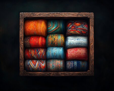 Colorful Textiles in Wooden Box.