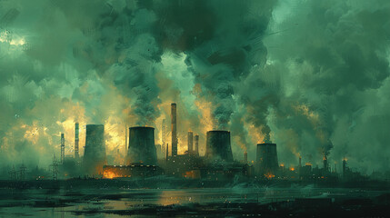 Obraz premium Industrial Plant Emitting Smoke Creating Dramatic Environmental Pollution Scene