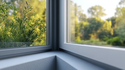 3D Rendering of an Open White Plastic Double-Glazed Window with a Modern Frame and Blurred Landscape View