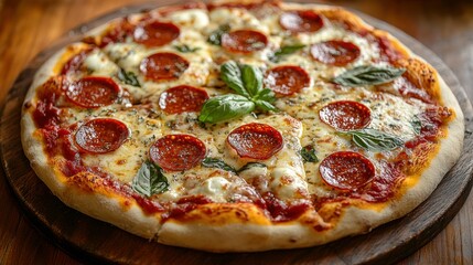 Pepperoni pizza with basil, cheese, and tomato sauce on a wooden platter