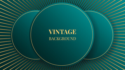 Teal green gradient abstract background with three gold rounds and concentric lines. Modern geometric pattern. Shiny poster