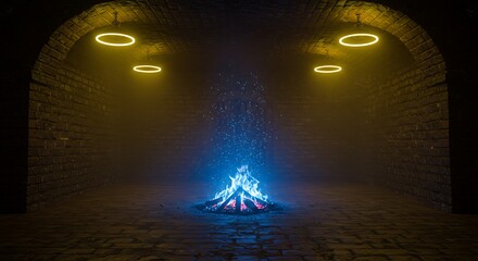 Enigmatic Blue Fire Pit in Dark Brick Tunnel Lit by Yellow Rings 3D Render