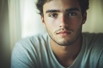 Fototapeta premium Close up portrait of a young man with brown eyes and a short beard looking at the camera directly