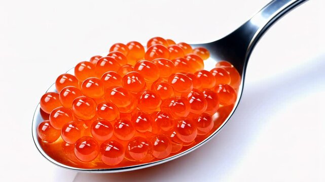 A tablespoon filled with vibrant red salmon caviar showcases its rich color and glossy appearance against a clean white background, ideal for gourmet dishes and elegant appetizers.