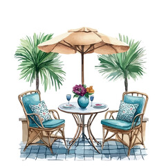 Fototapeta premium Table with two chairs and a vase of flowers. A blue umbrella is above the table.