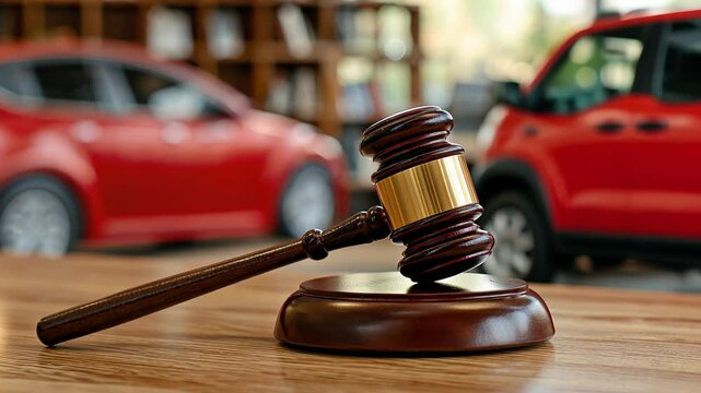 A wooden judge's gavel rests on a desk with two red cars blurred in the background, symbolizing legal matters in the automotive industry