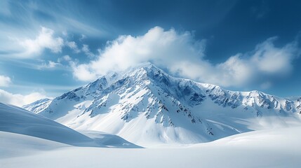 Snow covered mountain peak under bright blue sky vast and majestic winter landscape perfect for travel branding adventure themes and text overlays with copy space