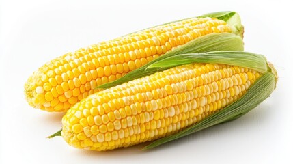 Fresh corn on the cob, featuring vibrant yellow kernels and green husks, showcases a healthy and appetizing vegetable option.