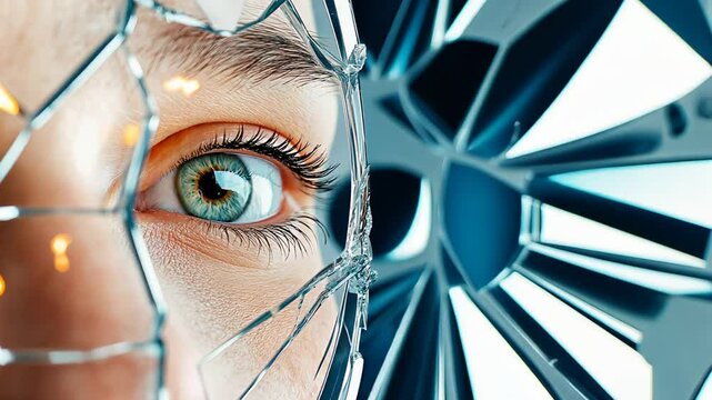 A close-up of a human eye seen through shattered glass, representing fragility, mental health, problem and perception and emotional depth trauma