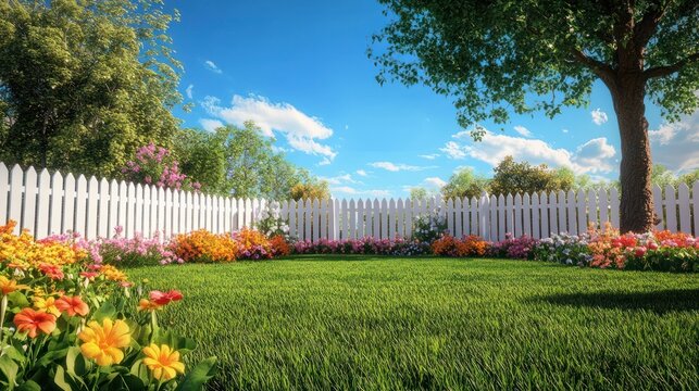 Sunny backyard with flowers and white picket fence; ideal for family gatherings or peaceful relaxation; digital illustration