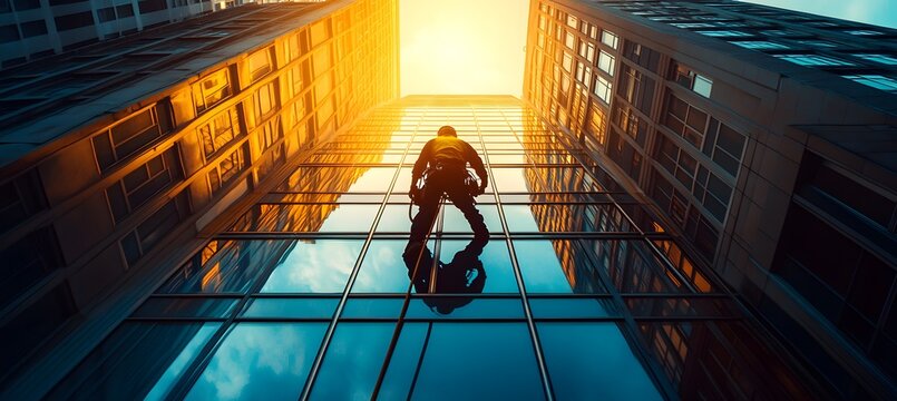 A window washer cleaning the windows of a high-rise building, with space for a logo