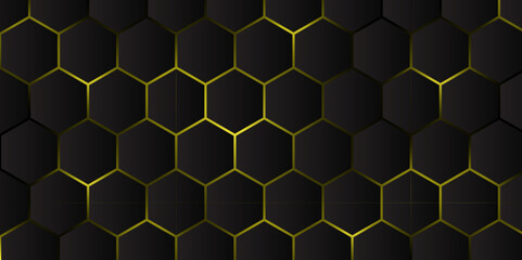 Luxury Black and Gold Hexagonal Pattern Background. Futuristic 3D Hexagon Grid with Metallic Gold Accents. Hexagon. Vector. 