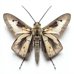 A detailed image of a moth with intricate patterns on its wings, showcasing shades of beige and brown.