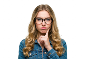 A thoughtful young woman touching her chin isolate on transparent background