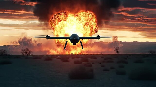 Military drone conducts low flight over explosion during twilight in remote desert landscape, A small military drone flying low over the aftereffects of a nuclear bomb