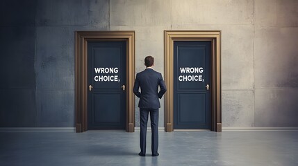 Fototapeta premium a man standing in front of two closed doors, each labeled 