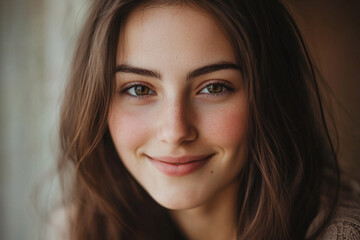Obraz premium Close up portrait of a young woman with brown hair and eyes smiling gently at the camera indoors