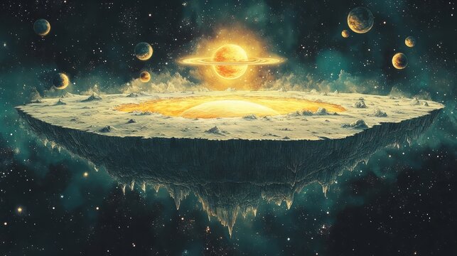 An illustration of a flat Earth, showing the solar system with Earth as the only flat planet - Powered by Adobe