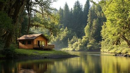 Fototapeta premium Secluded wooden cabin by serene river surrounded by lush forest foliage