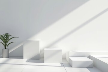 Fototapeta premium Minimalist white scene with geometric shapes, sunlight, and a plant, ideal for product display or branding.