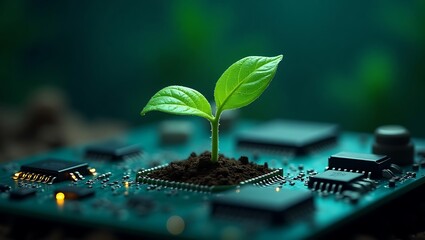 Futuristic Eco-Tech Green Sapling Growing from a Microchip – Nature Meets Technology