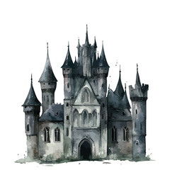 Fototapeta premium Castle with a large tower and a small tower. The castle is gray and has a lot of windows.
