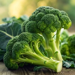 Fresh Green Broccoli Florets on Wooden Surface: A Nutritious Vegetable Close-up for Healthy Food Concepts.