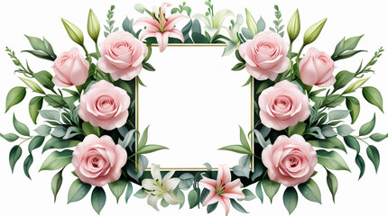 Floral Frame with Pink Roses and Greenery