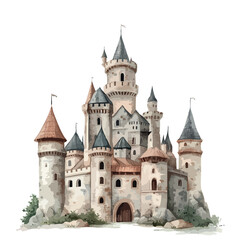 Fototapeta premium Castle with a large tower and a small tower. The castle is white and has a red roof.
