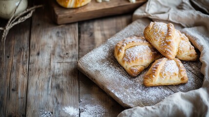 Freshly baked golden-brown homemade pastries on a rustic wooden table, dusted with powdered sugar, warm and cozy kitchen ambiance