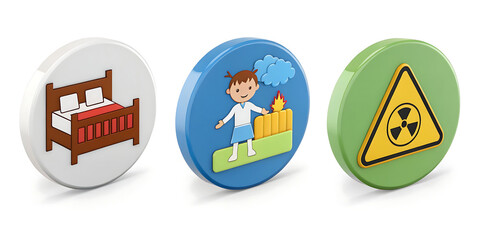 Colorful Educational Icons for Children Featuring a Bed, a Boy with Blocks, and a Caution Sign for Safety Learning