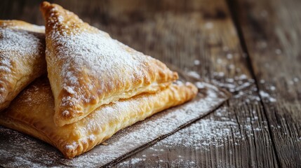 Freshly baked golden-brown homemade pastries on a rustic wooden table, dusted with powdered sugar, warm and cozy kitchen ambiance