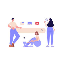 People searching information in internet. Man looking in spyglass or telescope with search bar. Web search in internet, online surfing, SEO. Trendy vector illustration in flat design for web banners