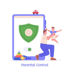 Child with parents searching information in internet. Parental control, Content for kids, Digital limit for children. Concept of web protection, children internet safety security for web UI banners