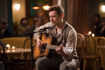 Fototapeta premium Live acoustic performance captivates the crowd in a cozy cafe during a warm evening gathering Generative AI