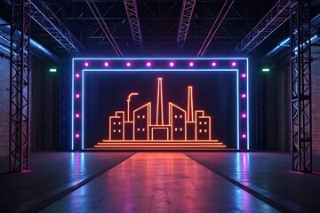 Neon Cityscape Stage Backdrop with Trussing and Lighting for Events, Presentations, and Modern Set Designs
