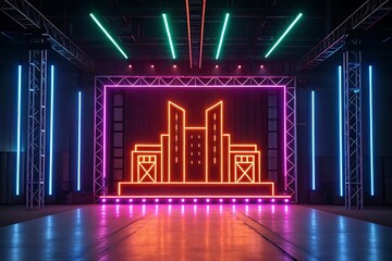 Neon Cityscape Stage with Vivid Colors and Geometric Elements for Concerts, Performances, and Modern Event Backdrops
