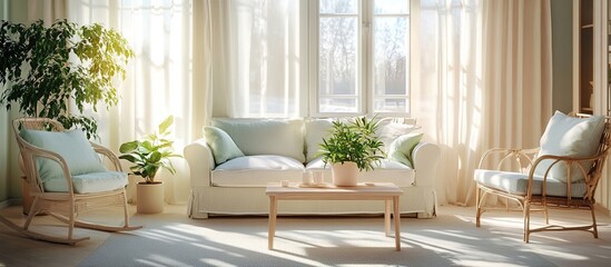 Imagine a sunlit living room showcasing light linen curtains, soft pastel furniture, and a fresh potted plant arrangement to enhance the summer vibe. (3) reinvented in an artistic way.