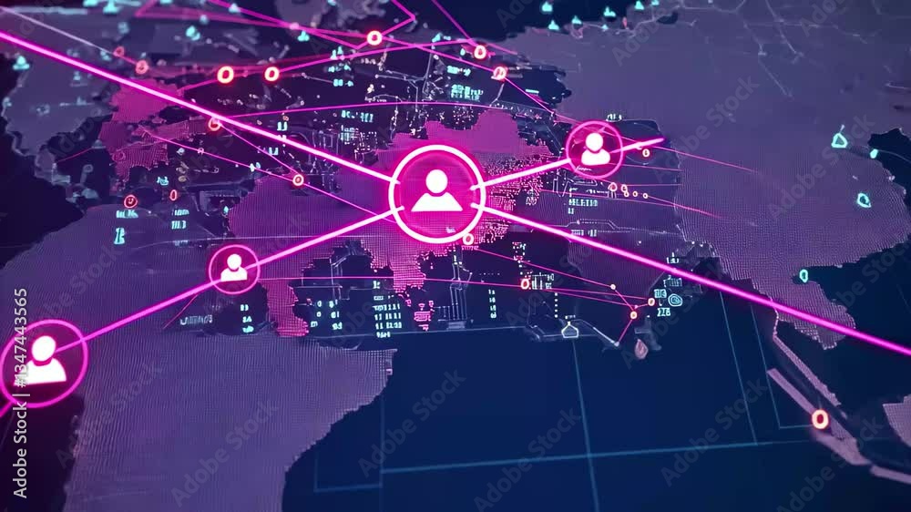 Poster network of connections and digital data processing across a global landscape, digital data processin