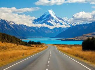 Driving to Majestic Mount Cook with Turquoise Lake Views Road Trip