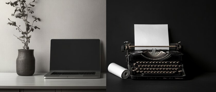 Modern laptop and vintage typewriter on desk in studio, contrasting technology and writing tools Concept of evolution, progress, and old versus new