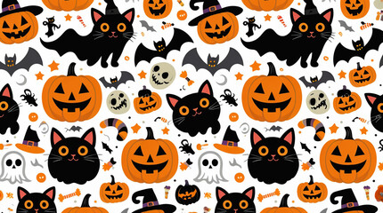 Obraz premium Playful Halloween Pattern with Pumpkins, Bats, and Ghosts on Light Background