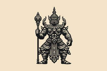 Fototapeta premium Vintage black engraving icon of a mythical warrior with a mace