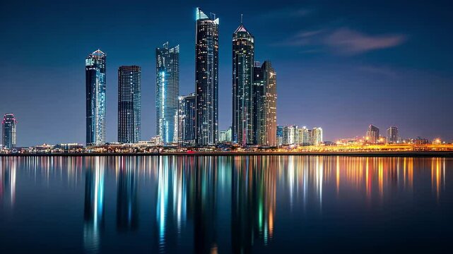 Majestic Abu Dhabi skyline captured at night with reflections in the water, Abu Dhabi Skyline with aerial shooting