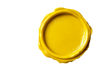 Golden yellow wax seal with swirls, elegant shine isolated, cut out transparent
