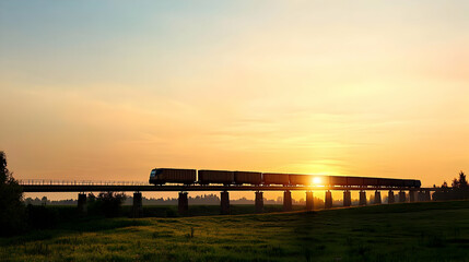 Obraz premium Silhouette Of Cargo Train On Bridge At Sunrise