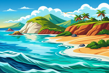 tropical beach with sea and clouds at day time cartoon, ocean wallpaper