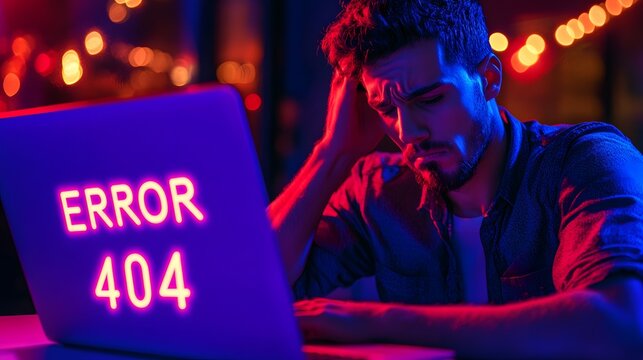 a frustrated man is looking at a laptop screen with a "Error 404" message. He is holding his head in dismay, his face filled with concern