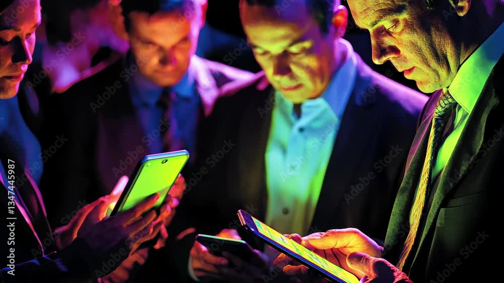 Poster business professionals collaborating in a modern meeting setting while using tablets for efficient c
