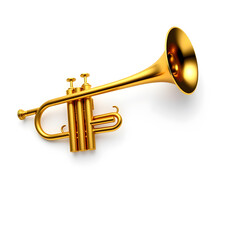 Obraz premium Gold classical trumpet on white background. Trendy fashion style. Minimal design art. 3d illustration. Generative AI
